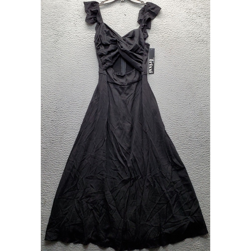Trixxi Maxi Dress Womens XS Black Twist Front Flutter Sleeve Smocked Back Zip